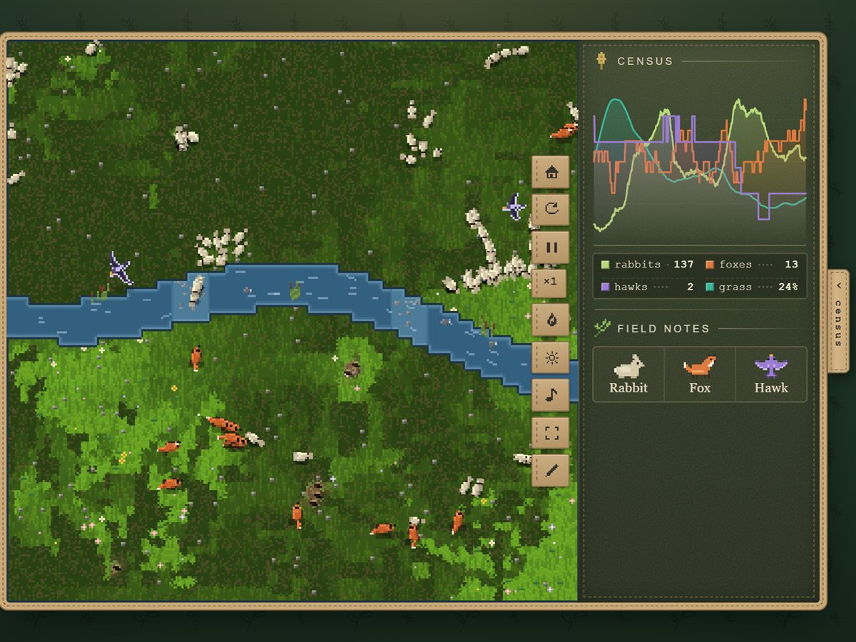 A pixel-art meadow split by a river, with rabbits, foxes and hawks, beside a census graph of each population over time