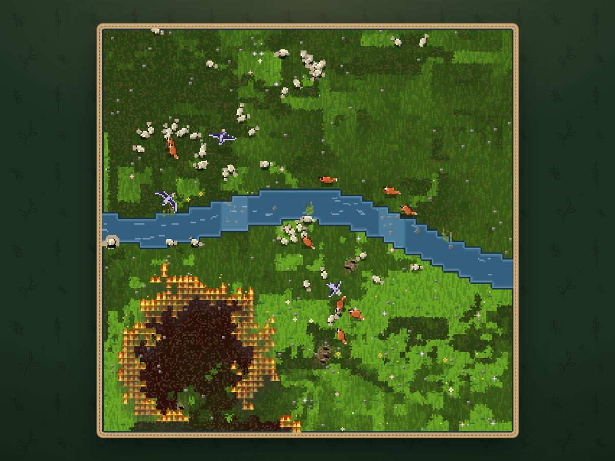 A wildfire burning across one corner of the pixel-art meadow, below the river